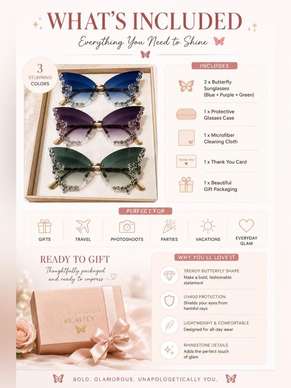 Sanrio rose Ombre Butterfly Rhinestone Sunglasses - Picture 6 of 7